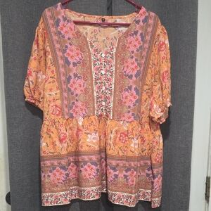 Boho Floral Peasant Top - Orange & Pink